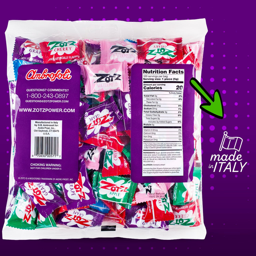 ZOTZ Fizzy Sour Candy Bulk - Retro Italian Hard Candy Individually Wrapped - Classic Nostalgic 7 Assorted Flavors Cherry, Watermelon, Strawberry, Blue Raspberry, Apple, Orange & Grape - 100 Pieces Bag for Party Favors, Goodie Bags, Piñata & Candy Buffet