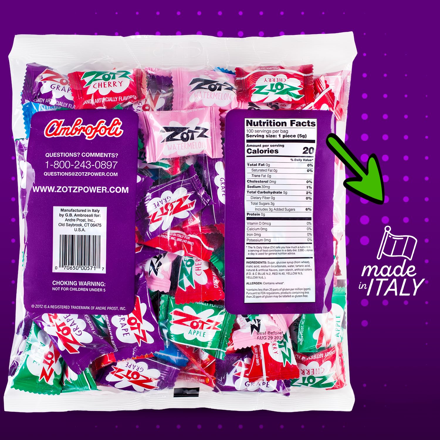 ZOTZ Fizzy Sour Candy Bulk - Retro Italian Hard Candy Individually Wrapped - Classic Nostalgic 7 Assorted Flavors Cherry, Watermelon, Strawberry, Blue Raspberry, Apple, Orange & Grape - 100 Pieces Bag for Party Favors, Goodie Bags, Piñata & Candy Buffet