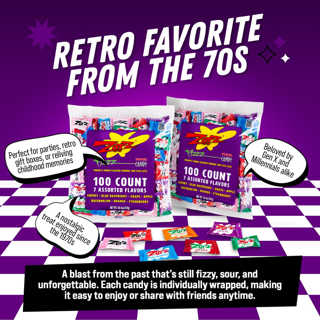 ZOTZ Fizzy Sour Candy Bulk - Retro Italian Hard Candy Individually Wrapped - Classic Nostalgic 7 Assorted Flavors Cherry, Watermelon, Strawberry, Blue Raspberry, Apple, Orange & Grape - 100 Pieces Bag for Party Favors, Goodie Bags, Piñata & Candy Buffet