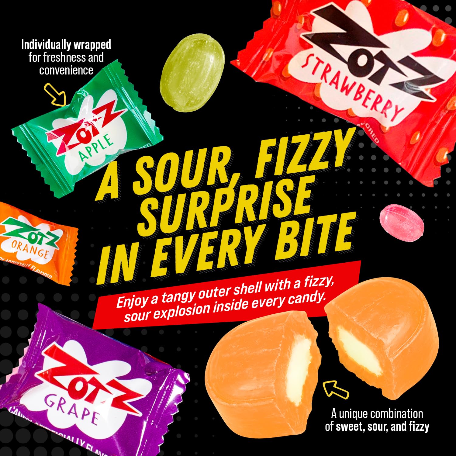 ZOTZ Fizzy Sour Candy Bulk - Retro Italian Hard Candy Individually Wrapped - Classic Nostalgic 7 Assorted Flavors Cherry, Watermelon, Strawberry, Blue Raspberry, Apple, Orange & Grape - 100 Pieces Bag for Party Favors, Goodie Bags, Piñata & Candy Buffet