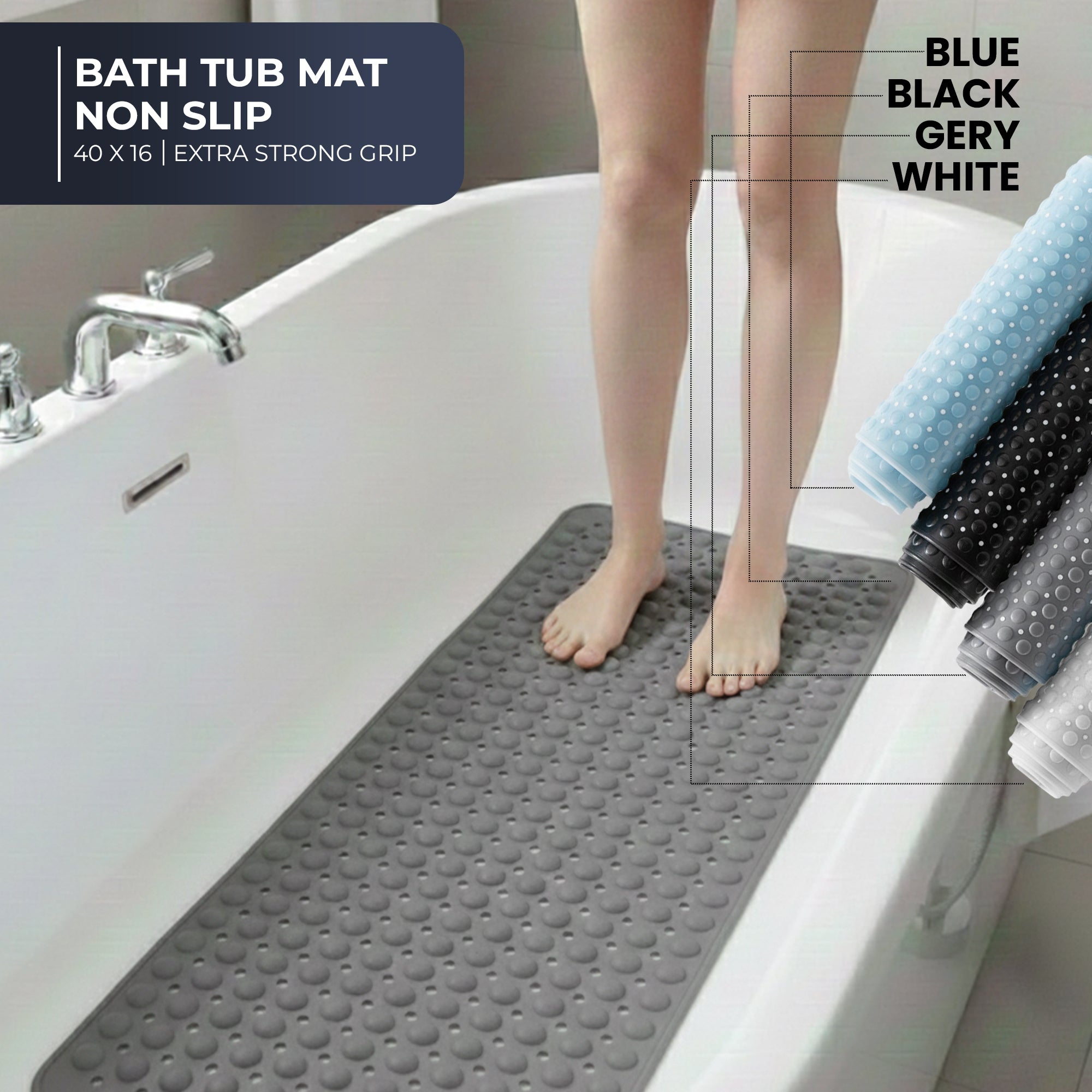 Extra Long White Bathtub Mat Non Slip, Soft Bath Mat for Tub 40 x 16 Inch Full Size, Bath Tub Shower Mats for Bathroom Floor, Big Suction Cups and Drain Holes, Easy Washable, BPA Free