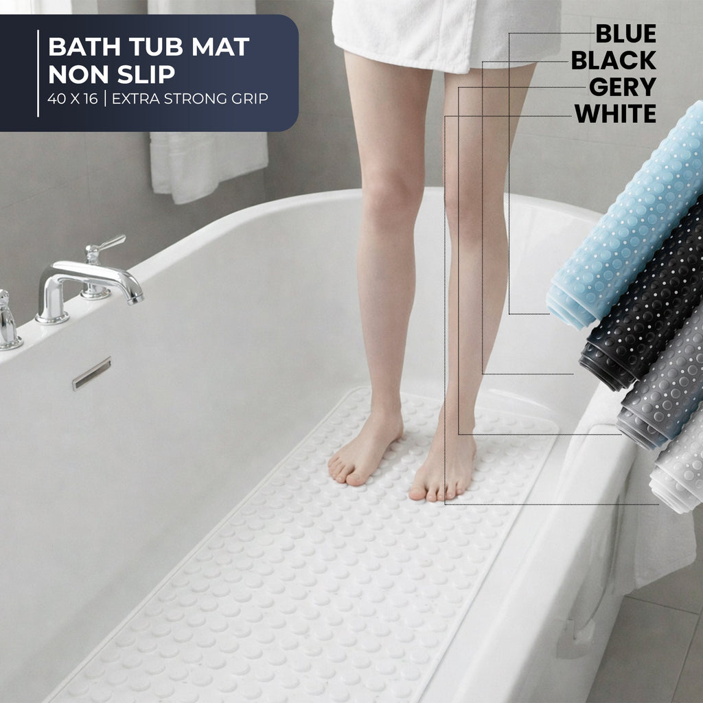 Extra Long White Bathtub Mat Non Slip, Soft Bath Mat for Tub 40 x 16 Inch Full Size, Bath Tub Shower Mats for Bathroom Floor, Big Suction Cups and Drain Holes, Easy Washable, BPA Free